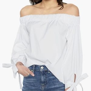 7 For All Mankind Off The Shoulder Tie Sleeve Top in White